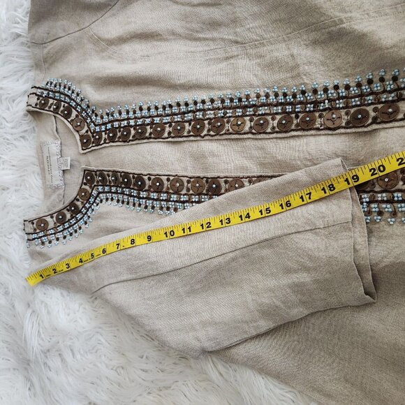 Chicos Jacket Women's 2 L 12‎ Embellished 100% Linen 3/4 Sleeves Tan Boho Casual - Picture 13 of 15